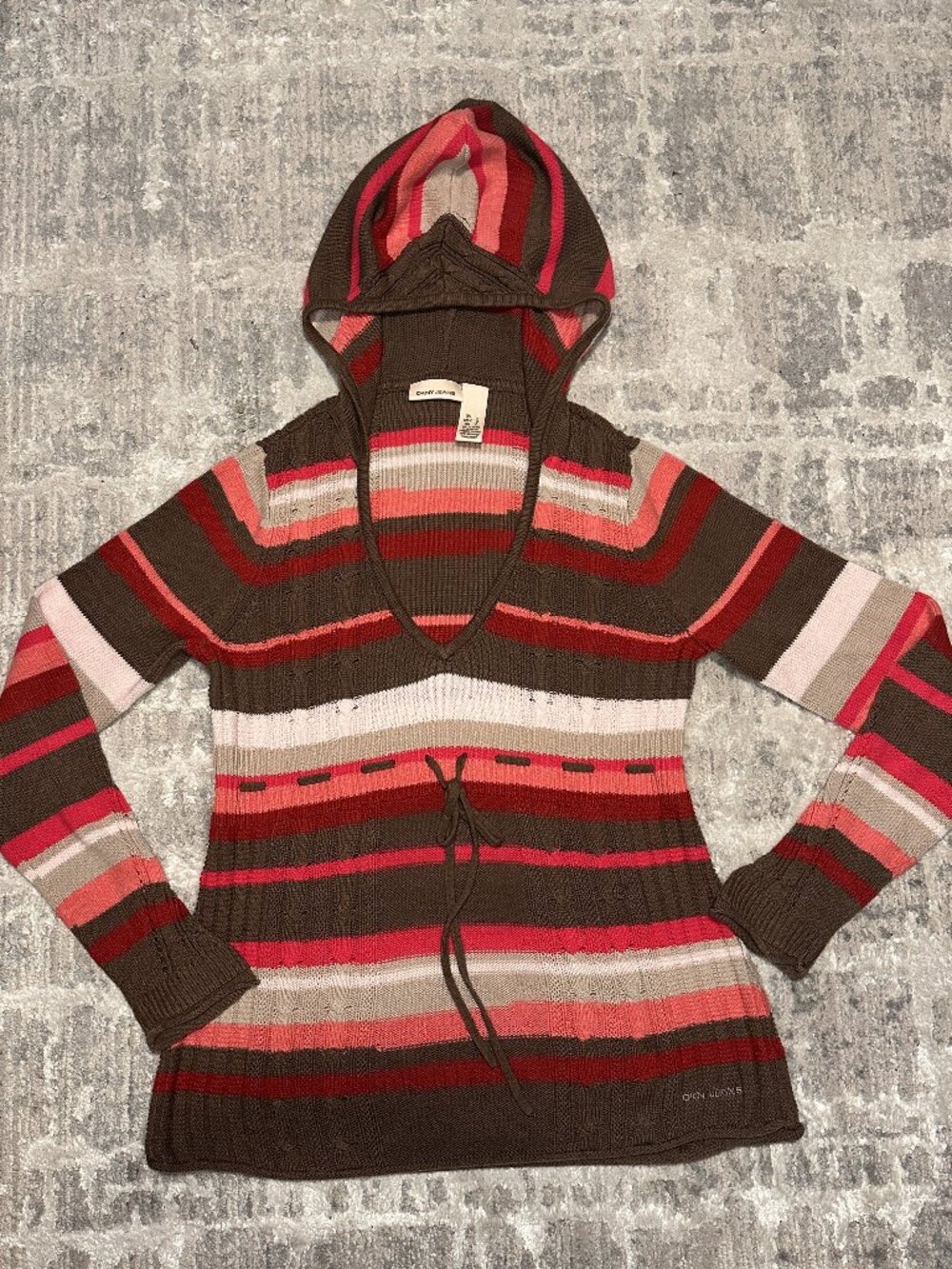 DKNY Y2K Sweater Womens Large Brown Pink Stripe Knit Hooded Pullover Top Boho